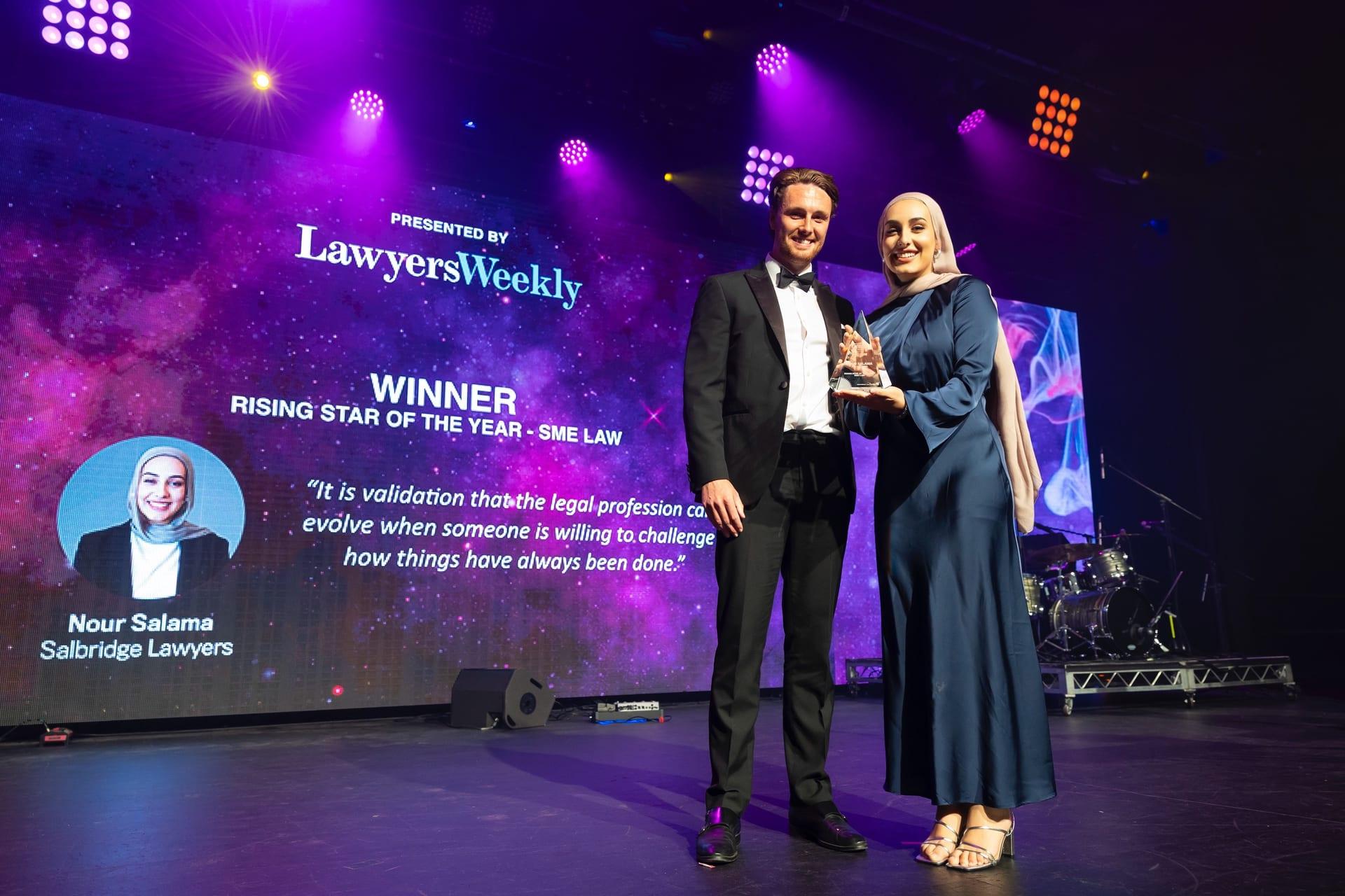 Nour Salama receiving the Lawyers Weekly Rising Star Award 2025