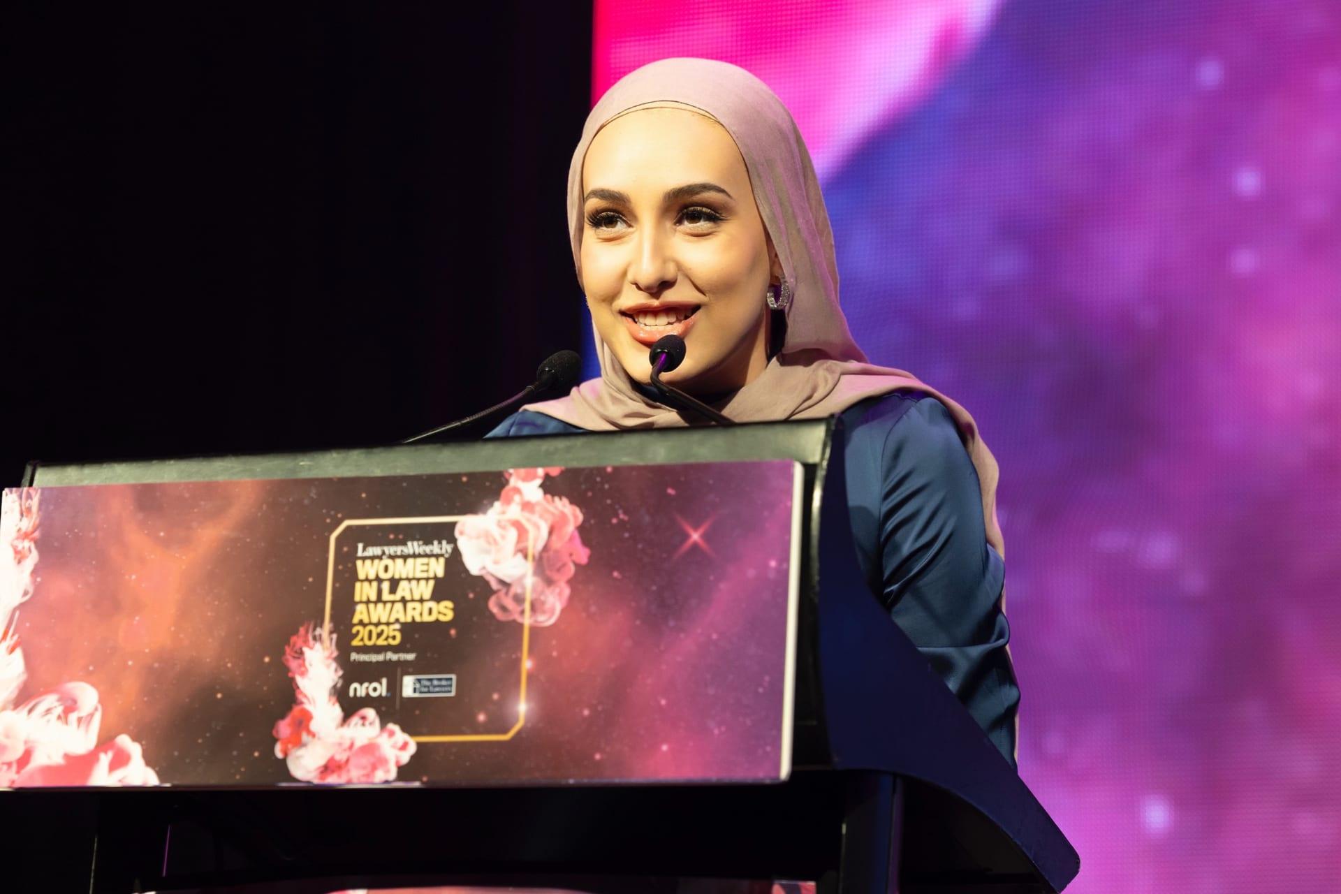 Nour Salama accepting the Rising Star of the Year (SME Law) award at the 2025 Lawyers Weekly Women in Law Awards